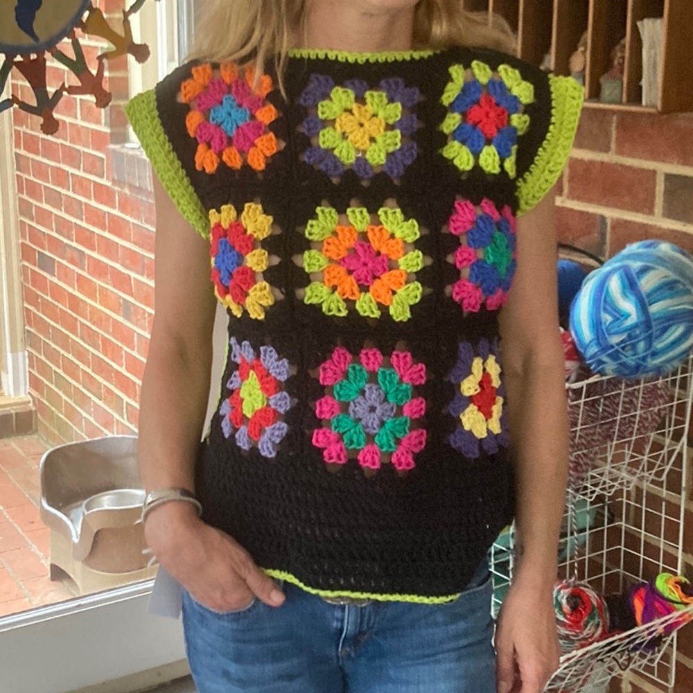 Black Granny Square Crocheted Top With Hot Green Trim